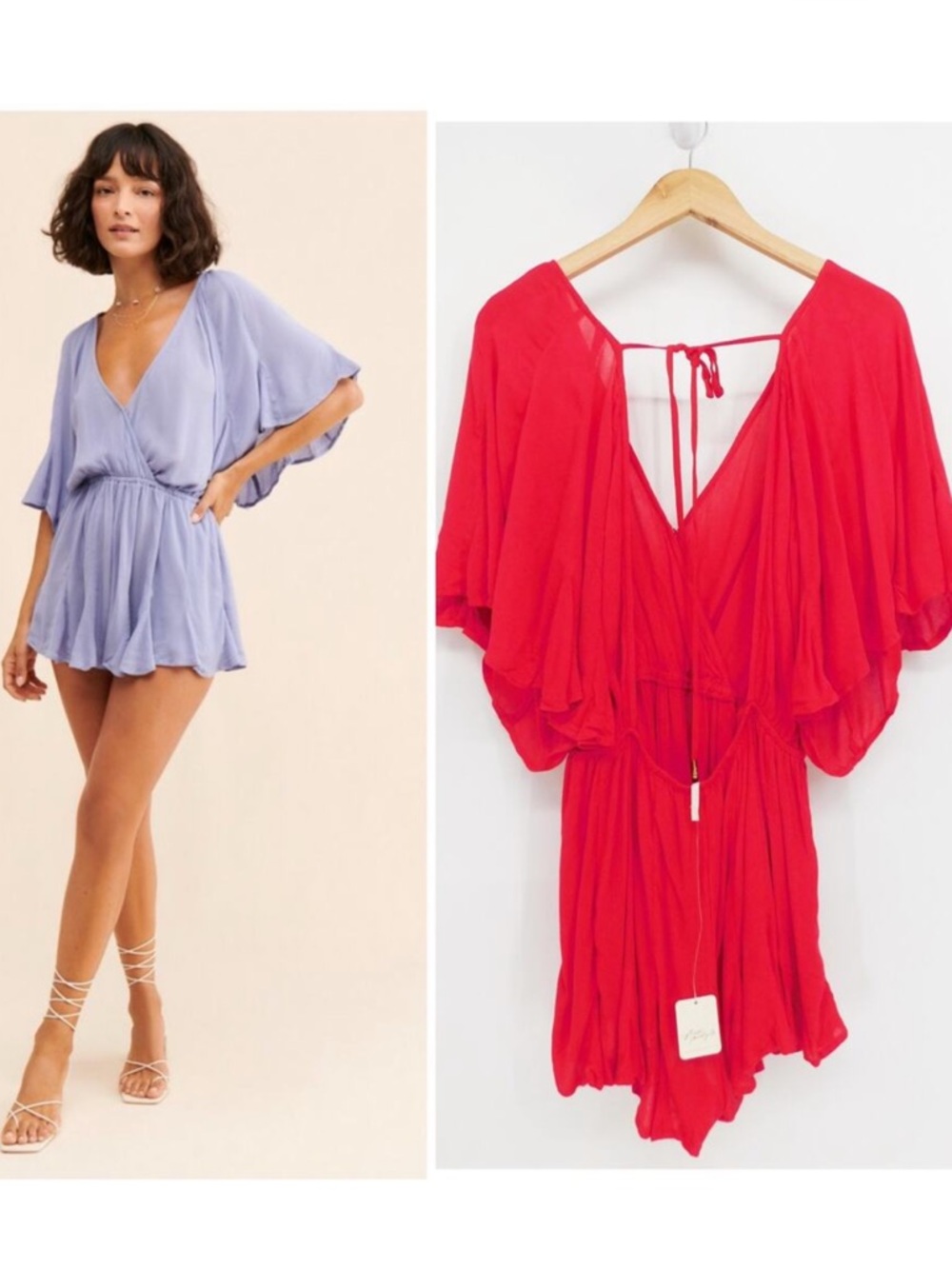 Free People Womens Red Nerea Open-Back Flutter Sleeve Romper Size Large